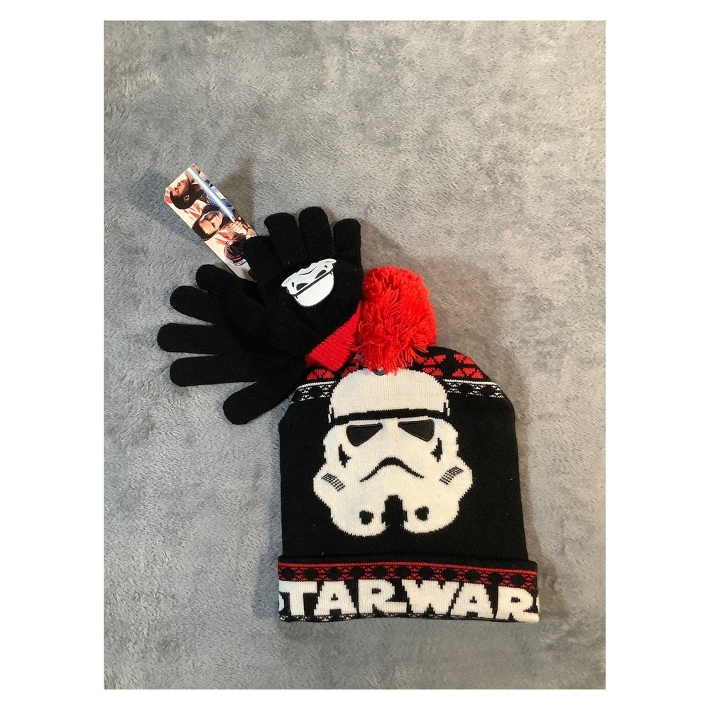 Star Wars Stormtrooper Pom Beanie Hat & Gloves Set Boys Kids Red Black New